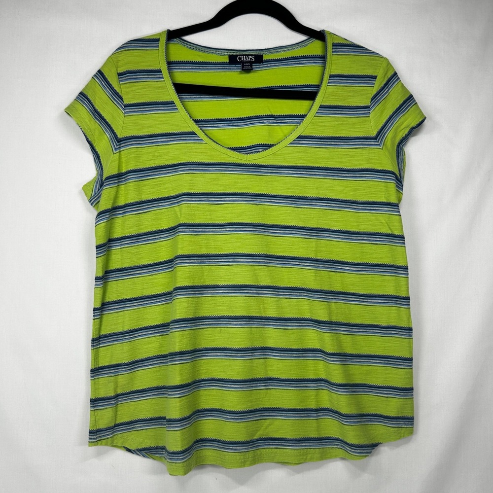 Chaps Denim Lime Green Blue Striped Scoop Neck Tee L